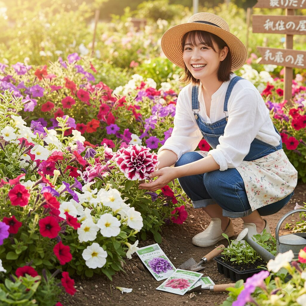 鮮やかなペチュニアの花が満開になった様子。種まきから開花までの喜びと達成感を表現。