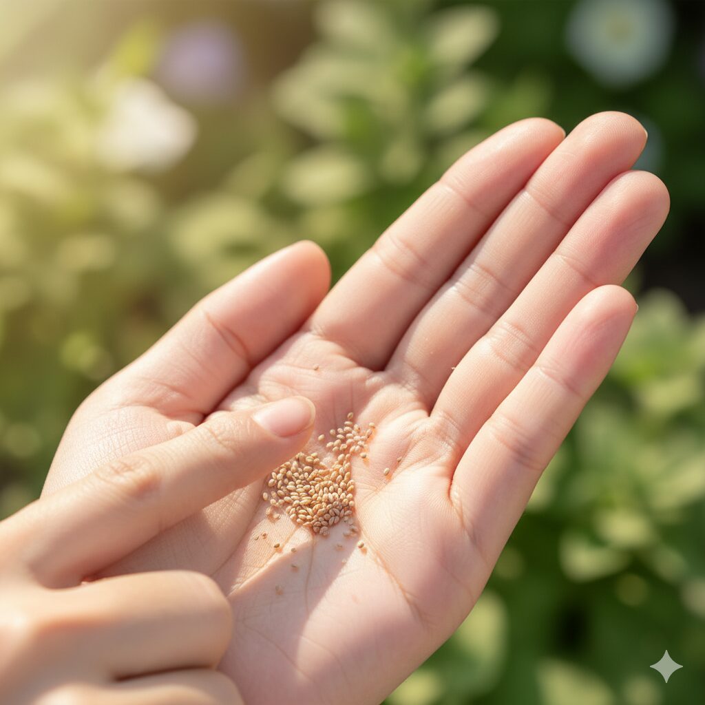 手のひらに載せられたペチュニアの微細な種子。その小ささや好光性種子の特徴を強調する。