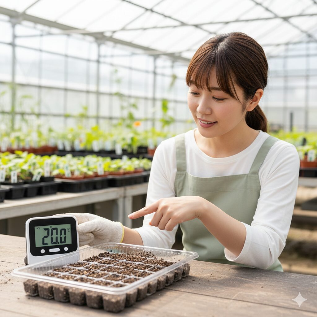 種まきトレイのそばに置かれたデジタル温度計が20℃を示している様子。発芽適温の重要性を視覚的に伝える。