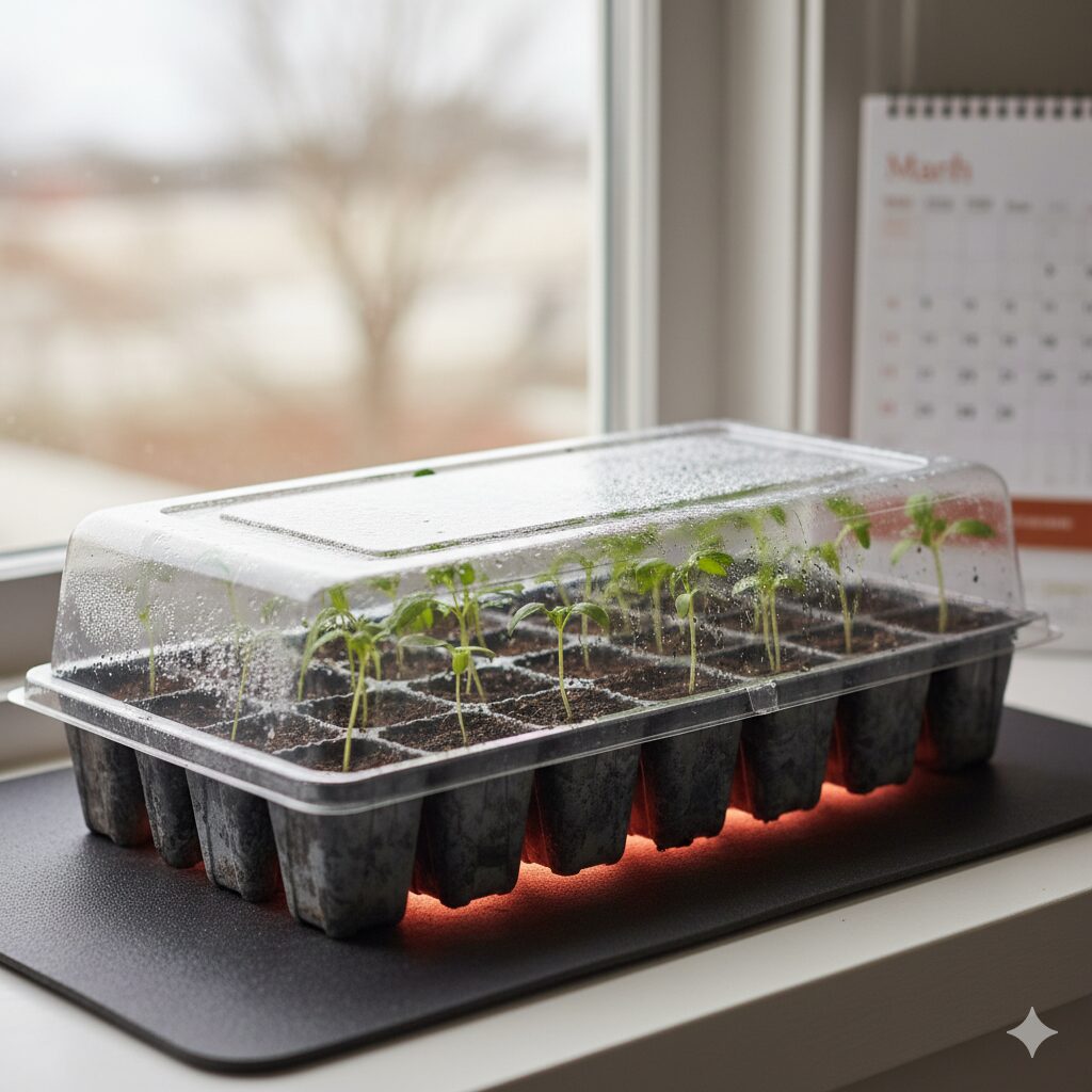 種まきトレイの下に敷かれた育苗用ヒーターマットが稼働している様子。3月まきにおける保温の必要性を強調。