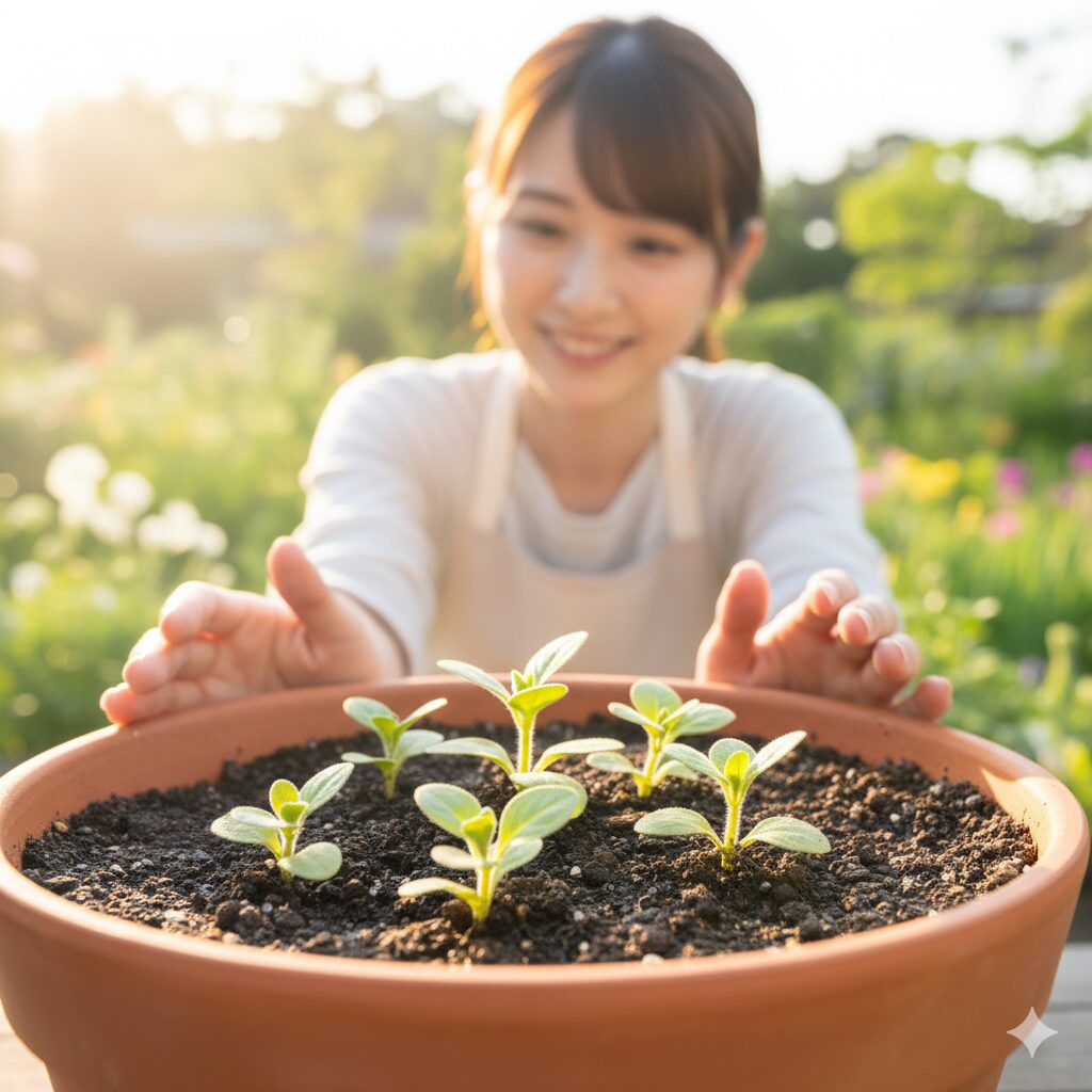 暖かい日差しの下で元気に発芽しているペチュニアの幼い芽。5月まきの容易さと成功をイメージさせる。