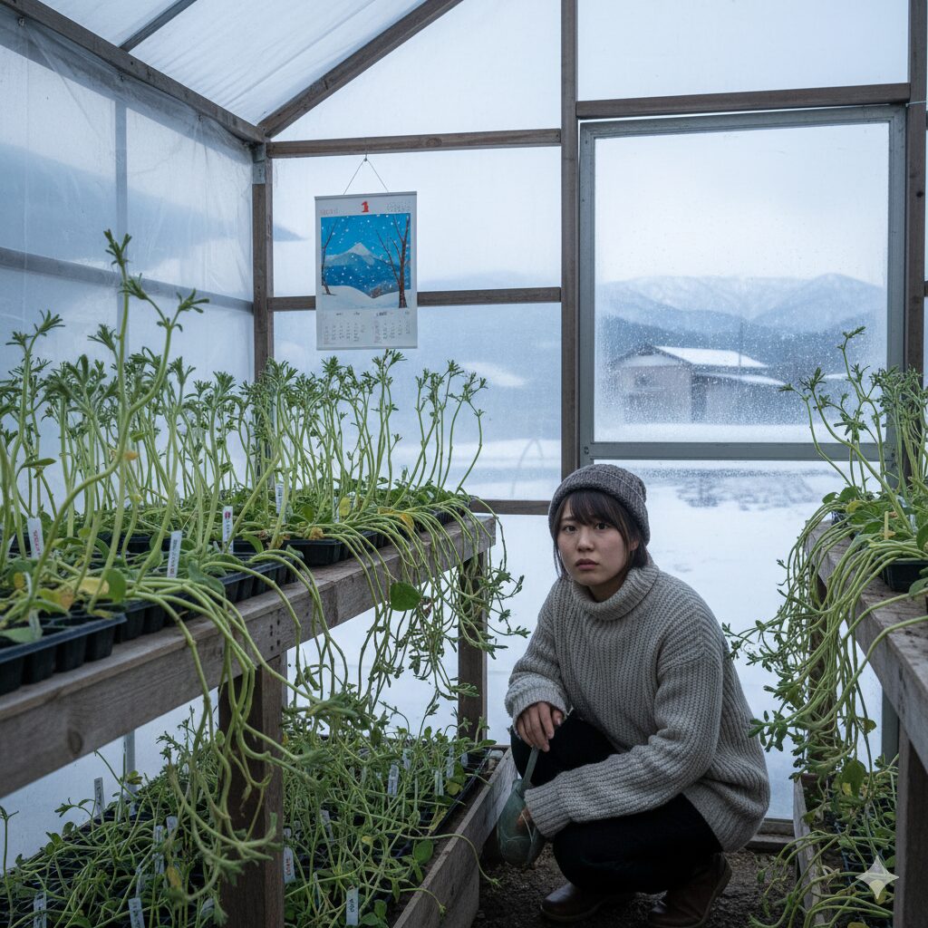 日照不足でひょろひょろに徒長してしまったペチュニアの苗。寒冷地での早まきの危険性を視覚的に示す。