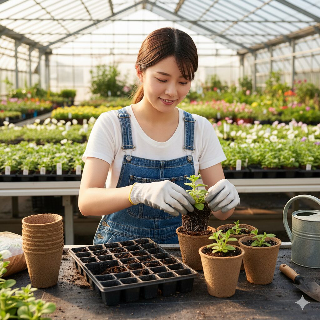 セルトレイからポットへ鉢上げされるペチュニアの幼苗。移植作業の様子と成長段階を表現。
