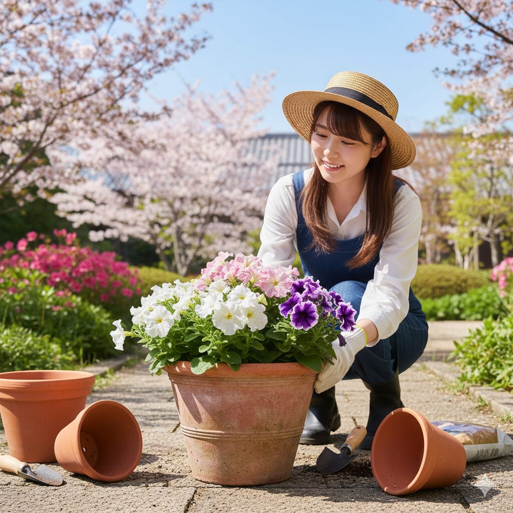 春に選ぶべきペチュニアの健康な苗（葉色が濃く、茎が締まり徒長していない苗）と植え付けられた素焼きプランターの全体像。