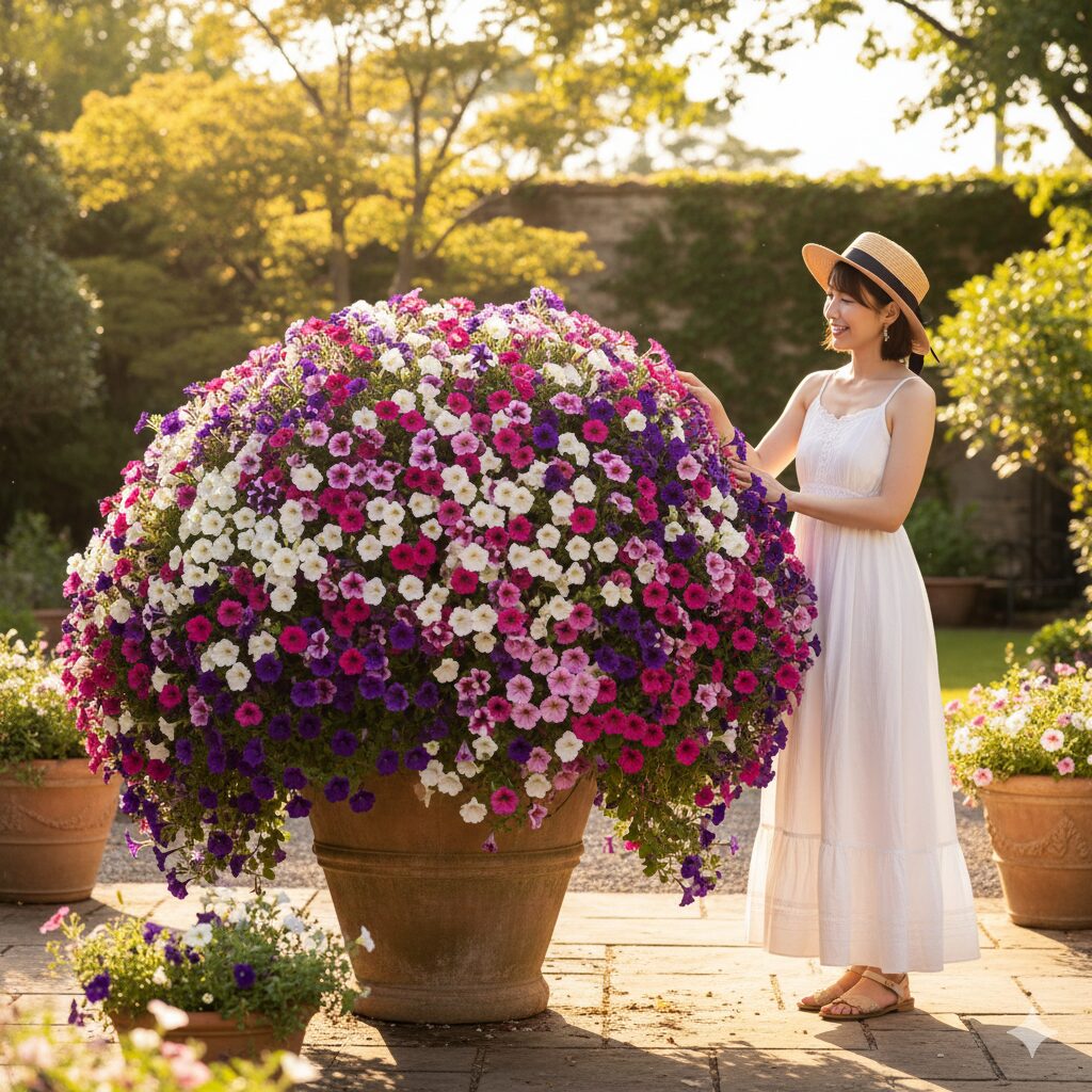 灰色かび病に感染したペチュニアの茎や葉が変色し腐敗しているクローズアップ写真（梅雨時期の症状）。
