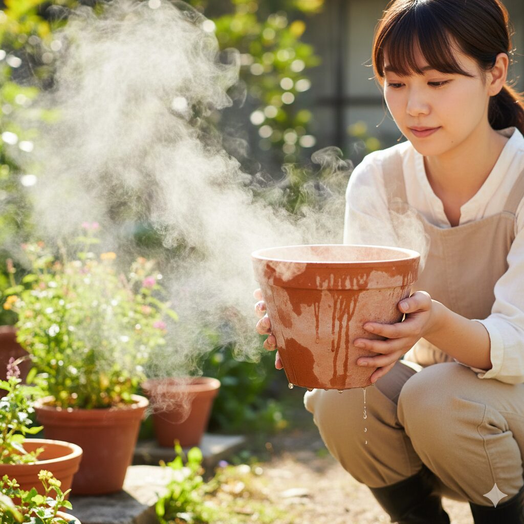 素焼き鉢（テラコッタ）の側面から水分が蒸散している様子を視覚化したイメージ。通気性が良いことを強調。