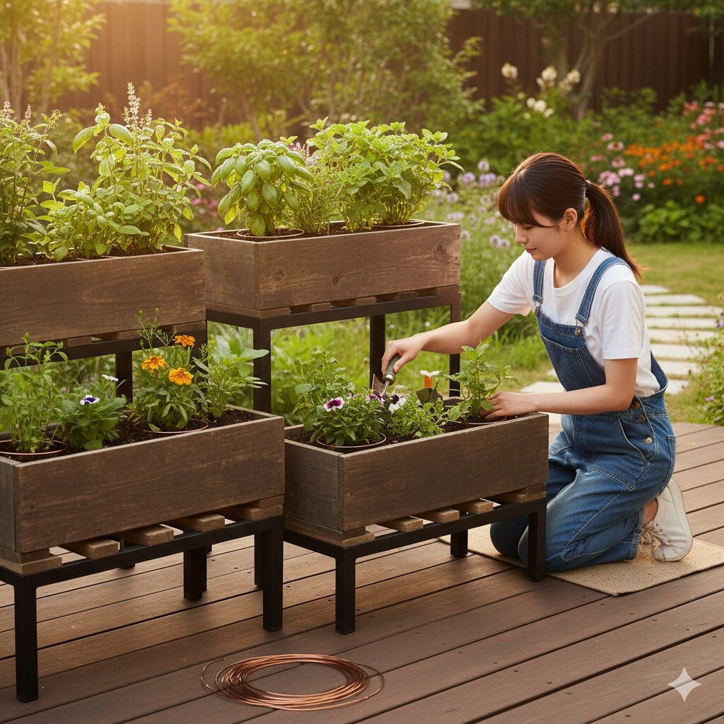 ナメクジ対策としてプランターを地面からスタンドで一段上げて配置し、鉢底の通気を確保している様子。