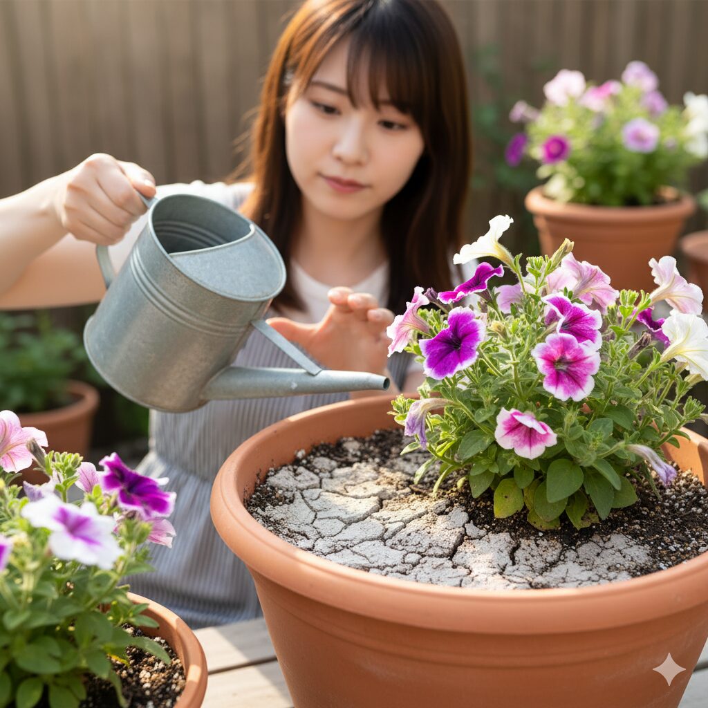 ペチュニアの水やりタイミングの目安。土の表面が白っぽく乾いている状態のクローズアップ写真。
