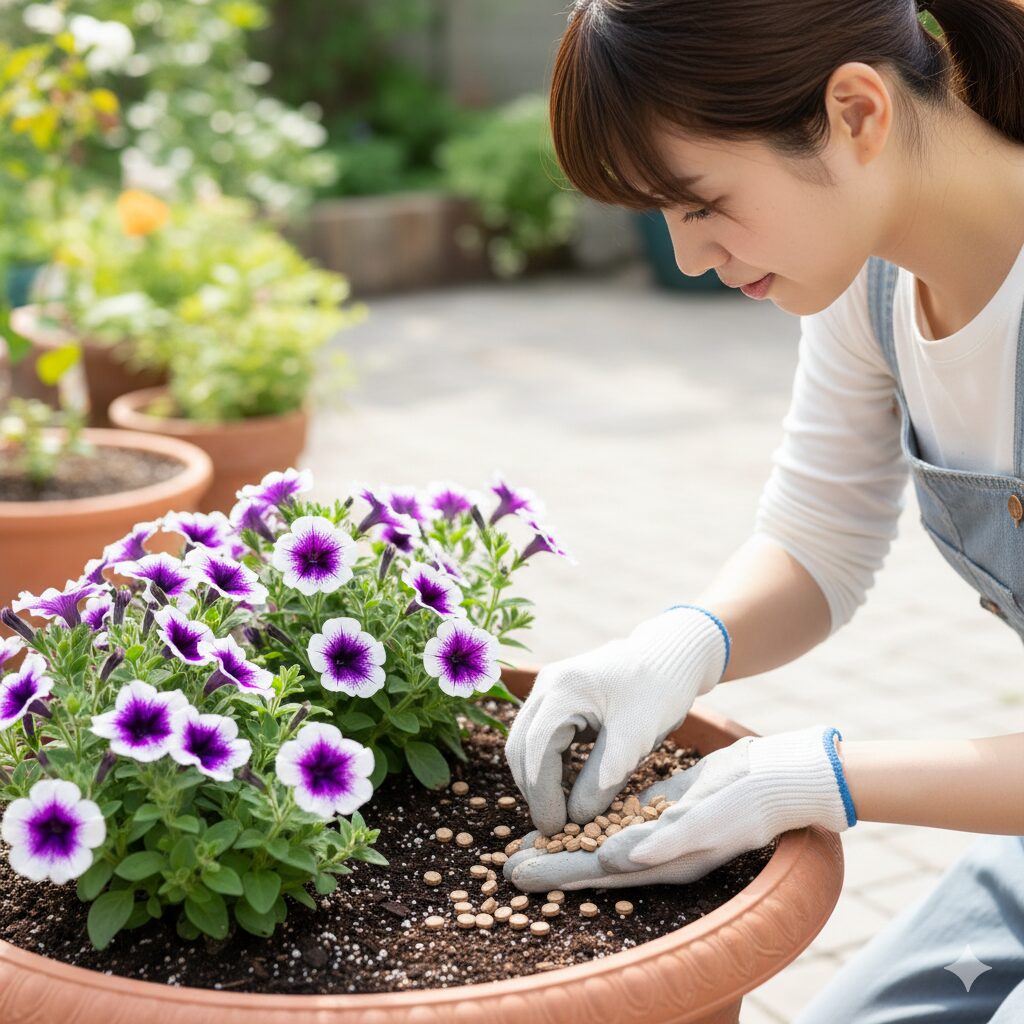 ペチュニアへの衛生的な施肥方法。葉や花に触れないよう、株元から離れた土の表面に固形肥料を置いている様子。