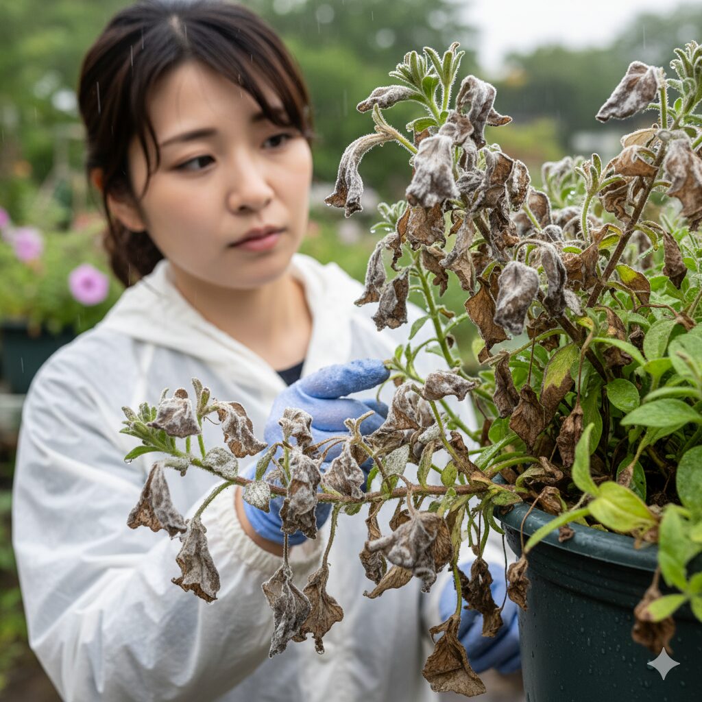 灰色かび病に感染したペチュニアの茎や葉が変色し腐敗しているクローズアップ写真（梅雨時期の症状）。