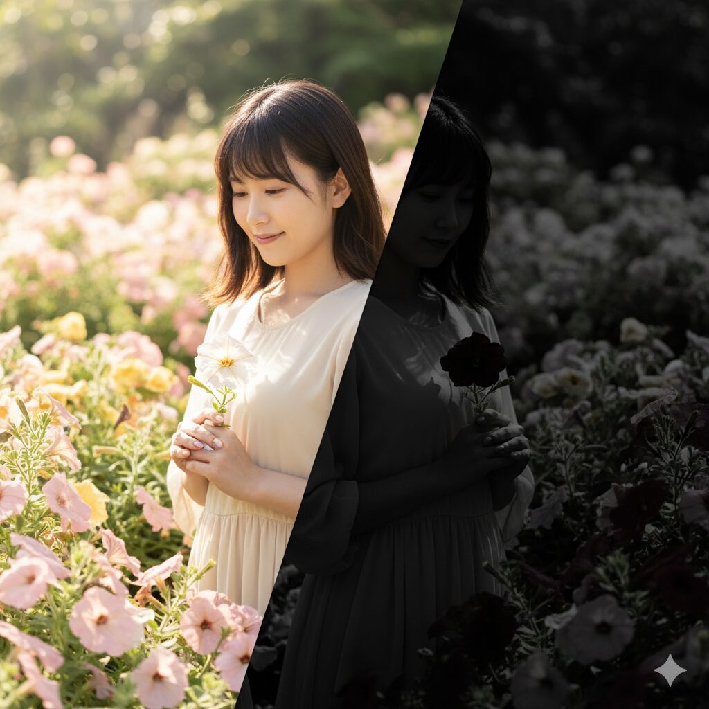 明るい色のペチュニアと黒いペチュニアが対比的に配置された画像。光と影、ポジティブとネガティブの二面性を象徴的に表現。