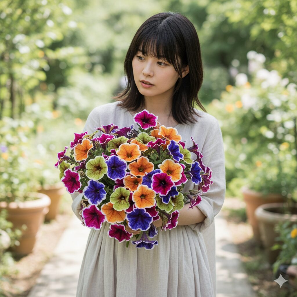 絞り咲きペチュニアの画像。花びらに複数の色が混ざり、視覚的な不協和を連想させる様子。