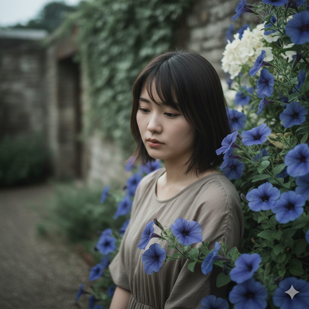 落ち着いた青色のペチュニアの花の画像。内向的でどこか寂しげな印象を与える。