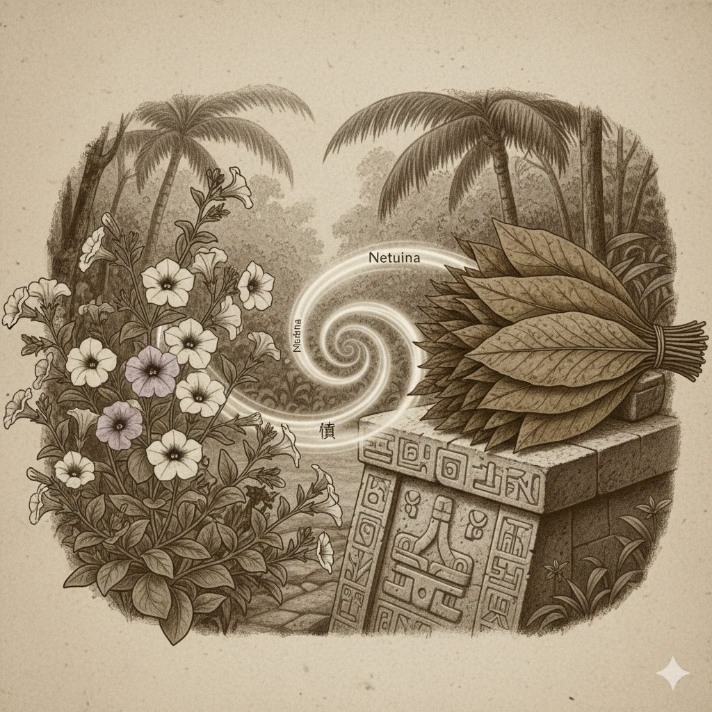 南米原産のペチュニアの原種と、古代の儀式に使われたタバコの葉を並べた概念図。語源と鎮静作用の関連性を示す。