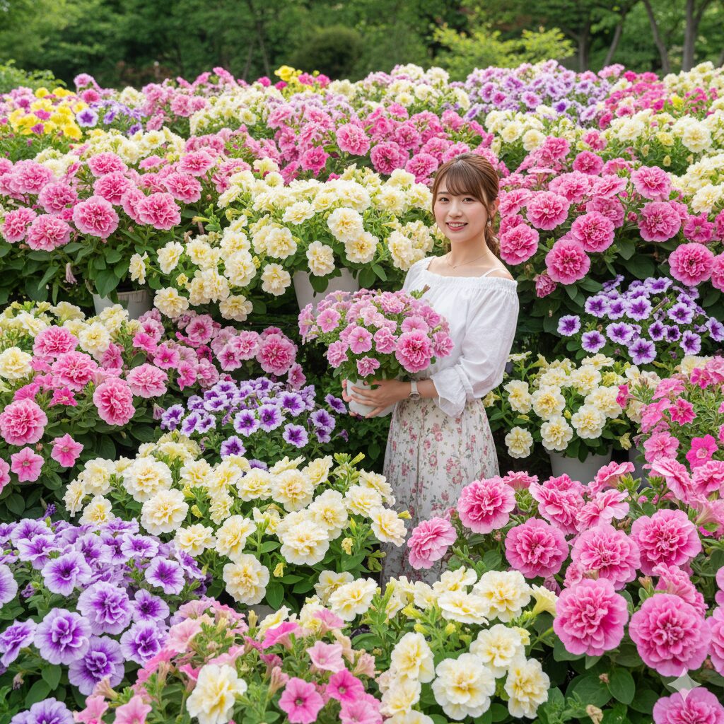 豪華で花びらが何重にも重なった八重咲きペチュニアの集合画像。ポジティブな「変化に富む」を表現する豊かさ。