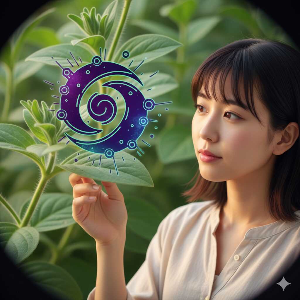 ペチュニアの葉や茎を拡大した部分画像。ナス科の植物に含まれる可能性のあるアルカロイド成分をイメージしたアイコンを重ねる。