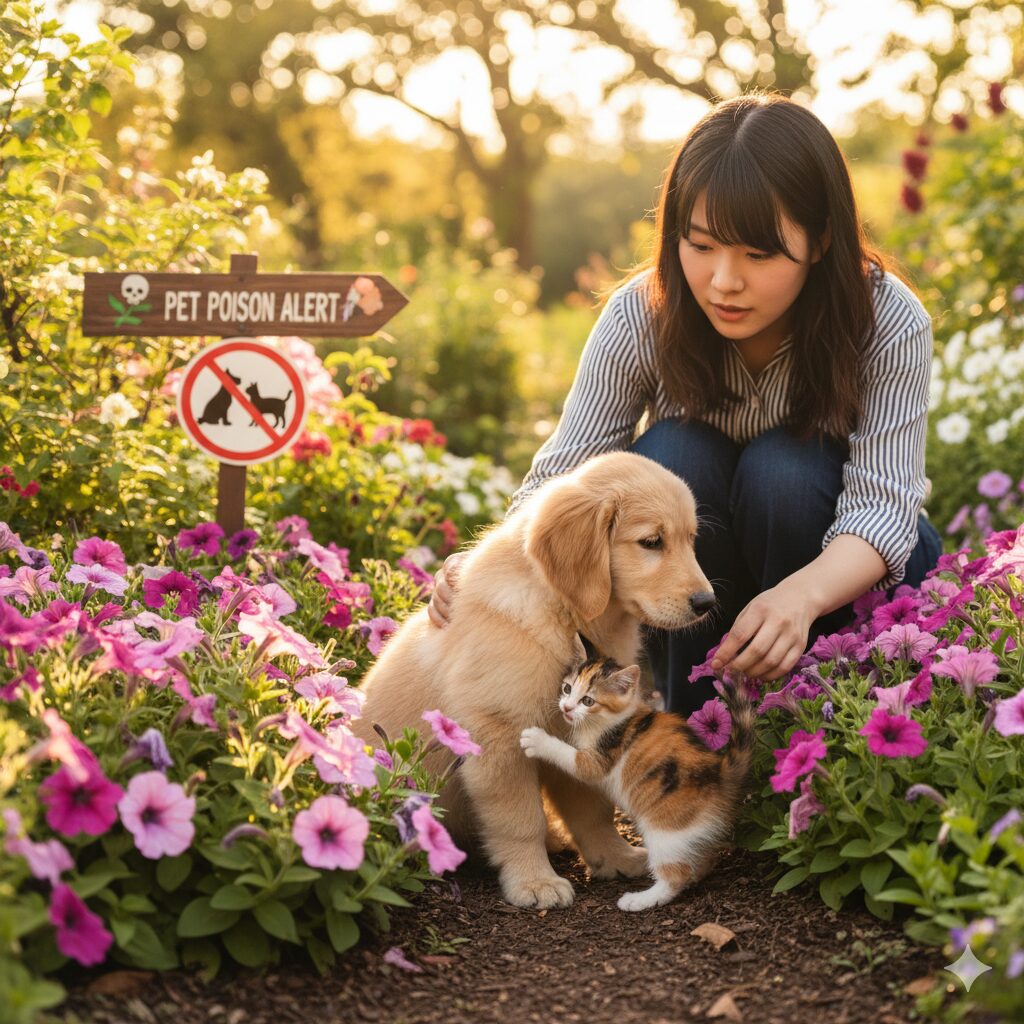 庭のペチュニアに興味を示している子犬と子猫のイラスト。ペットによる誤食の危険性を示す注意喚起のイメージ。