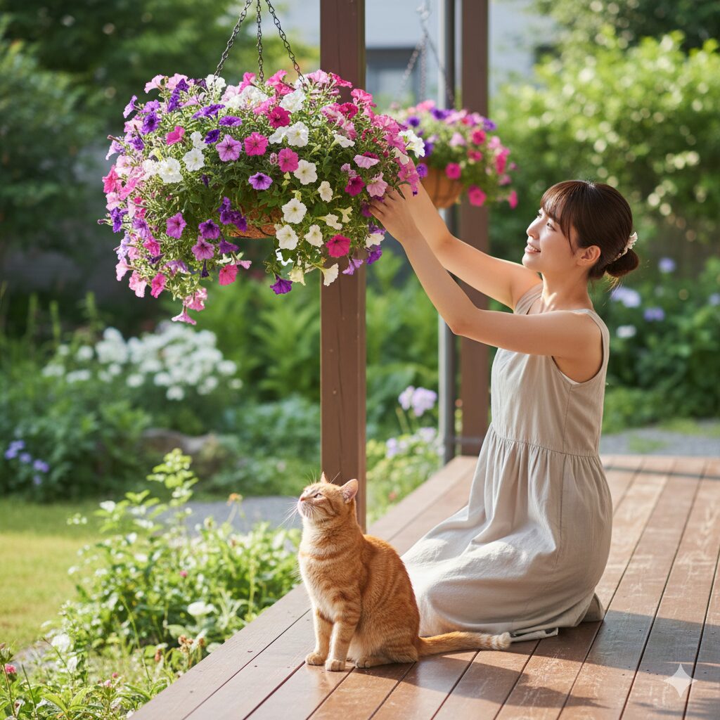 ハンギングバスケットに植えられ、ペットの手の届かない高い位置で育てられているペチュニアの画像。物理的隔離による誤食予防策。