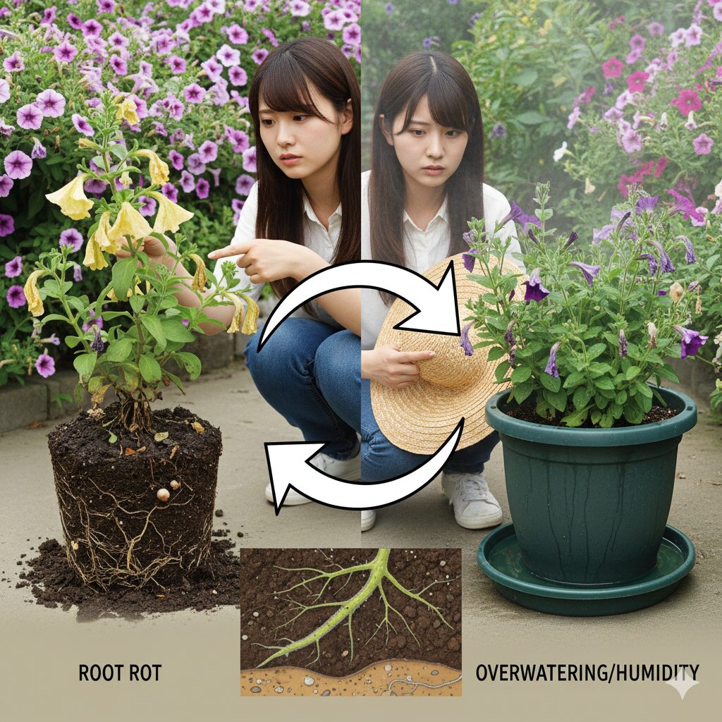 ペチュニアの根腐れと蒸れの連鎖メカニズムを図解。土壌の酸素欠乏から根の機能停止、高温多湿による蒸れ、病原菌増殖へと至る流れ