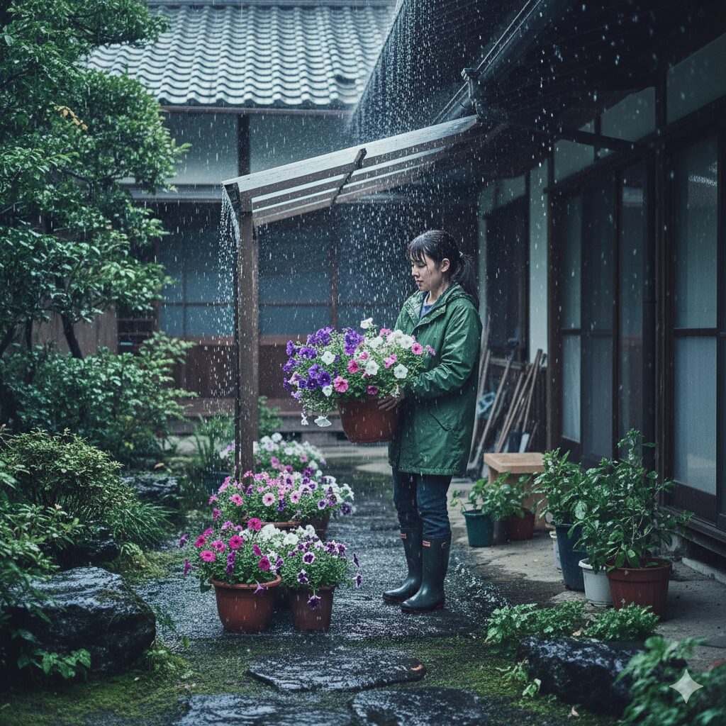 強い雨が降る中、鉢植えのペチュニアを軒下や雨よけの下に移動させ、雨ざらしを避けているガーデン風景