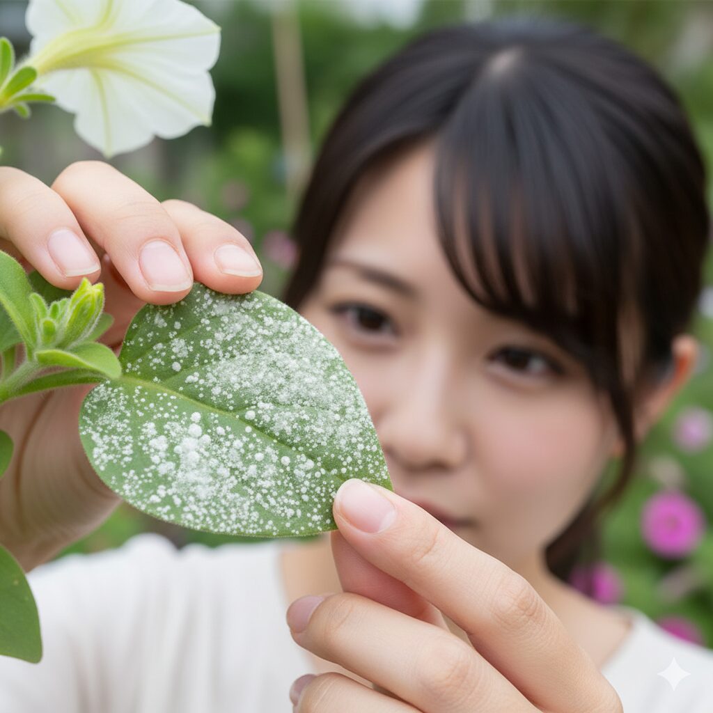 ペチュニアの葉に白い粉状の斑点が見られるうどんこ病の拡大画像。病原菌の視覚的な特定を助ける