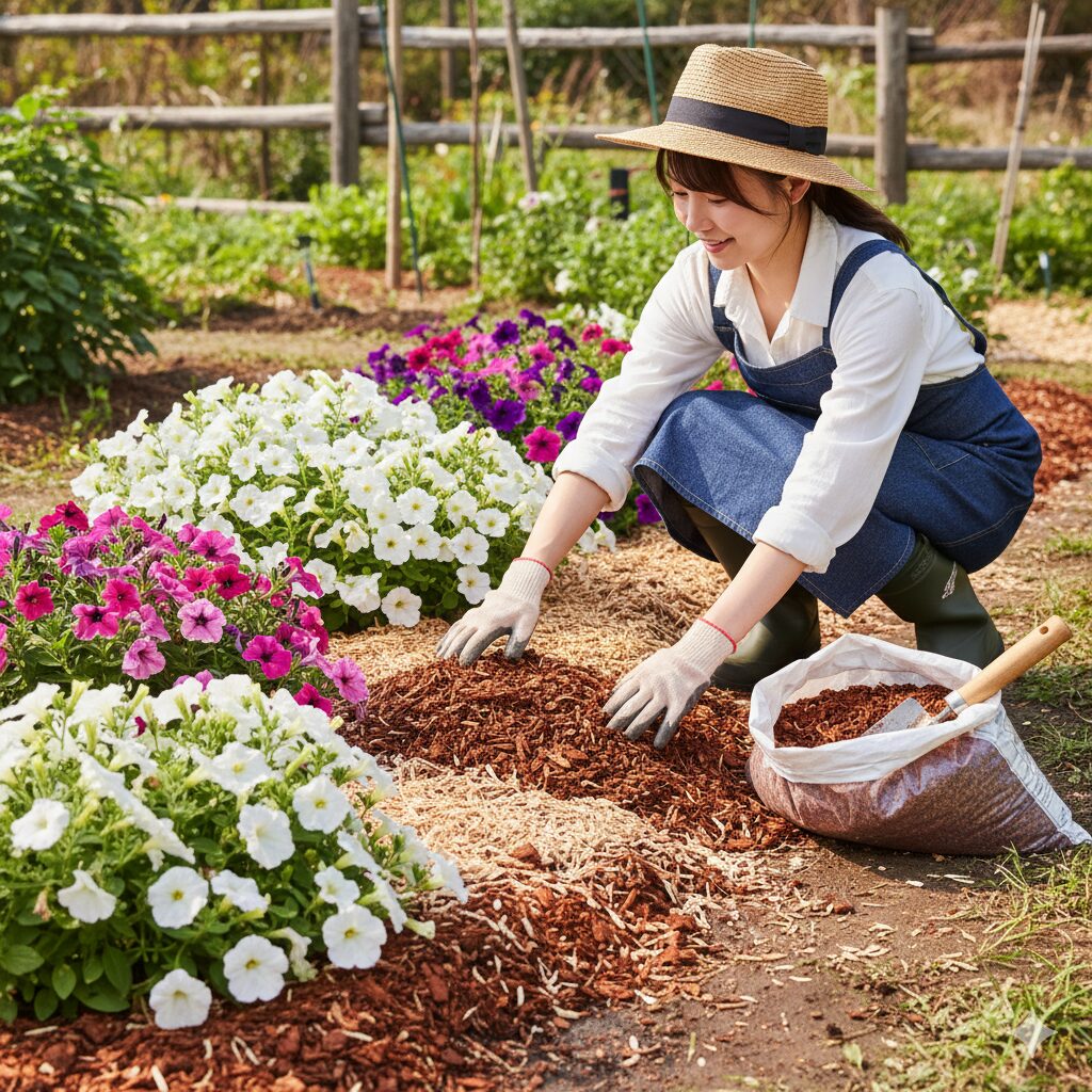 地植えのペチュニアの株元にバークチップやウッドチップでマルチングを施し、泥はねを防いでいる様子