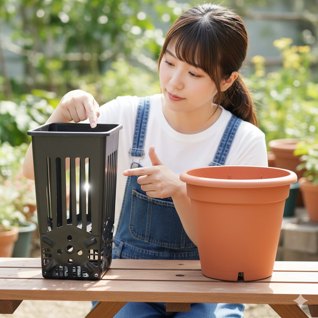 排水性の高いスリット鉢の構造と、通常のプラスチック鉢を並べて比較した画像。鉢底と側面の切れ込みを強調