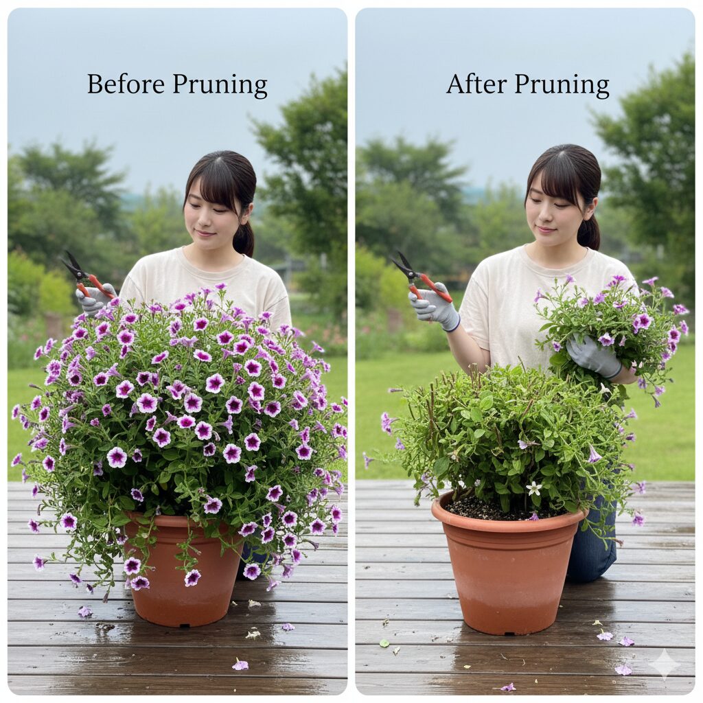 ペチュニアの株を梅雨前に1/2から1/3程度まで大胆に切り戻し、株元の風通しを良くする剪定前後の比較画像