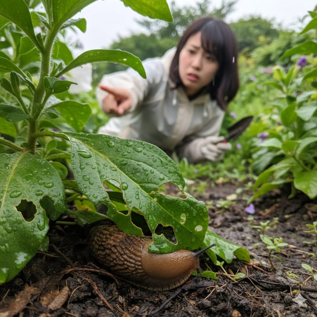 ペチュニアの葉を食害し、湿った場所に隠れているナメクジのクローズアップ画像。梅雨時の害虫対策の重要性を示す