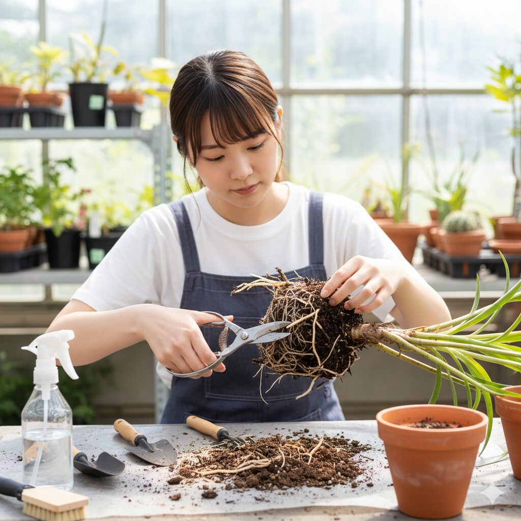鉢から取り出され、黒く変色した腐敗部分の根を、消毒したハサミで切り取っている様子。健全な根との色の対比