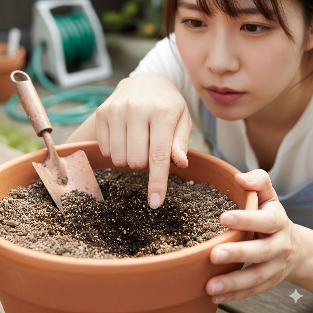 指を土に挿し込み、土の乾燥具合を確認しているガーデナーのクローズアップ写真。水やり管理の基本原則を強調