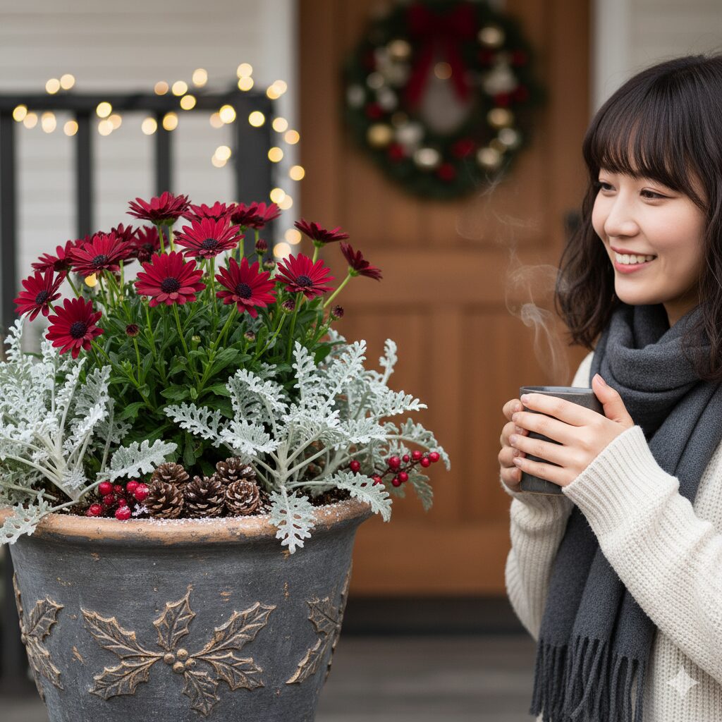 ボンザマーガレット ルビーとシルバーリーフのクリスマス風寄せ植え