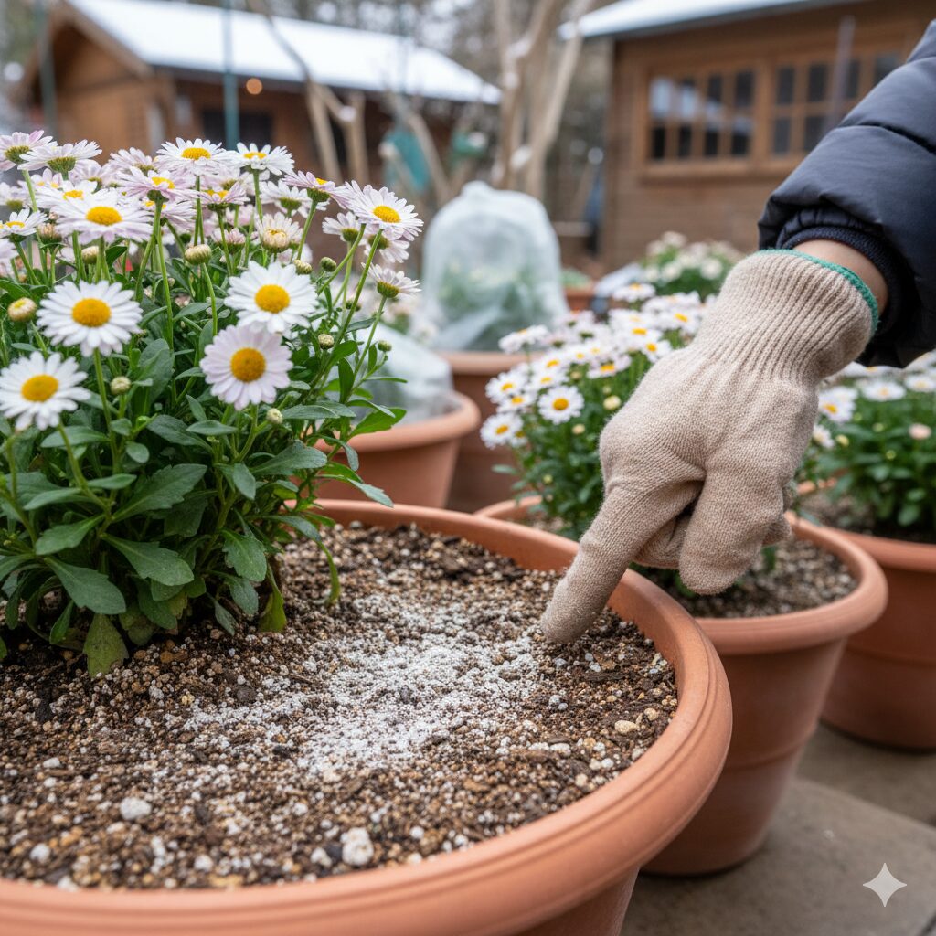 ボンザマーガレットの冬越し対策 土の表面が乾いた状態を確認する様子