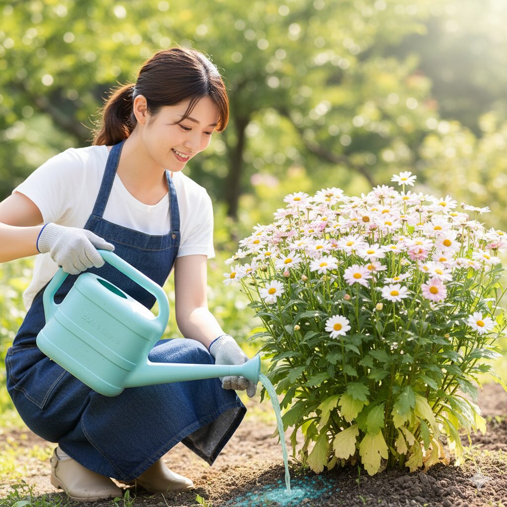 葉色が薄くなった地植えのボンザマーガレットに液体肥料を追肥してケアを行っている様子。