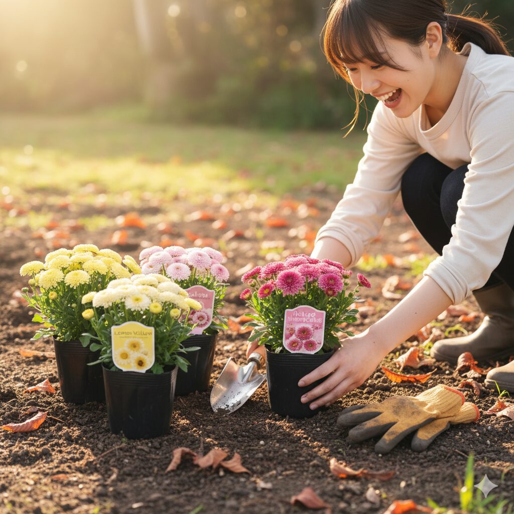 秋植えの準備をするボンザマーガレットの苗とガーデニング用品。温暖地での植え付け適期イメージ。