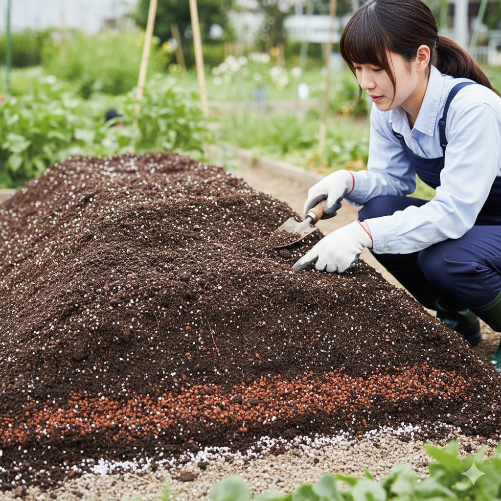 地植えの水はけを良くするために土を高く盛って作った高畝（レイズドベッド）と改良された培養土。
