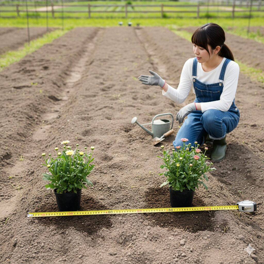 地植え時のボンザマーガレットの株間隔。成長を見越して60cm程度の間隔を空けて配置された苗。