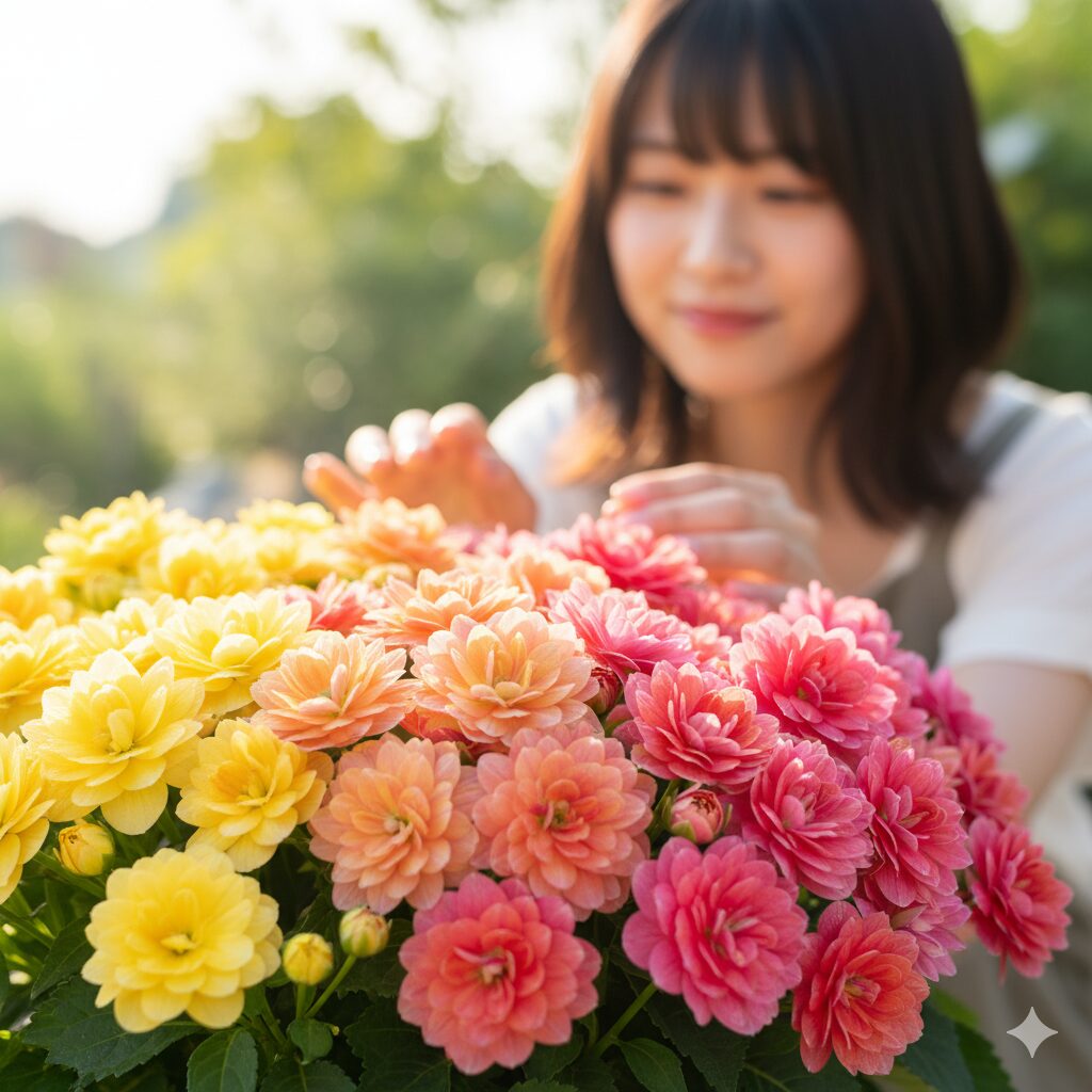 黄色からピンクへ花色が変化するボンザマーガレット「ピンクレモネード」のグラデーション咲きの様子。