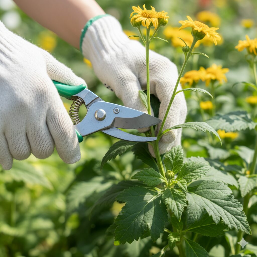 ボンザマーガレットの切り戻し作業。緑の葉を残した位置で剪定バサミを入れている様子。