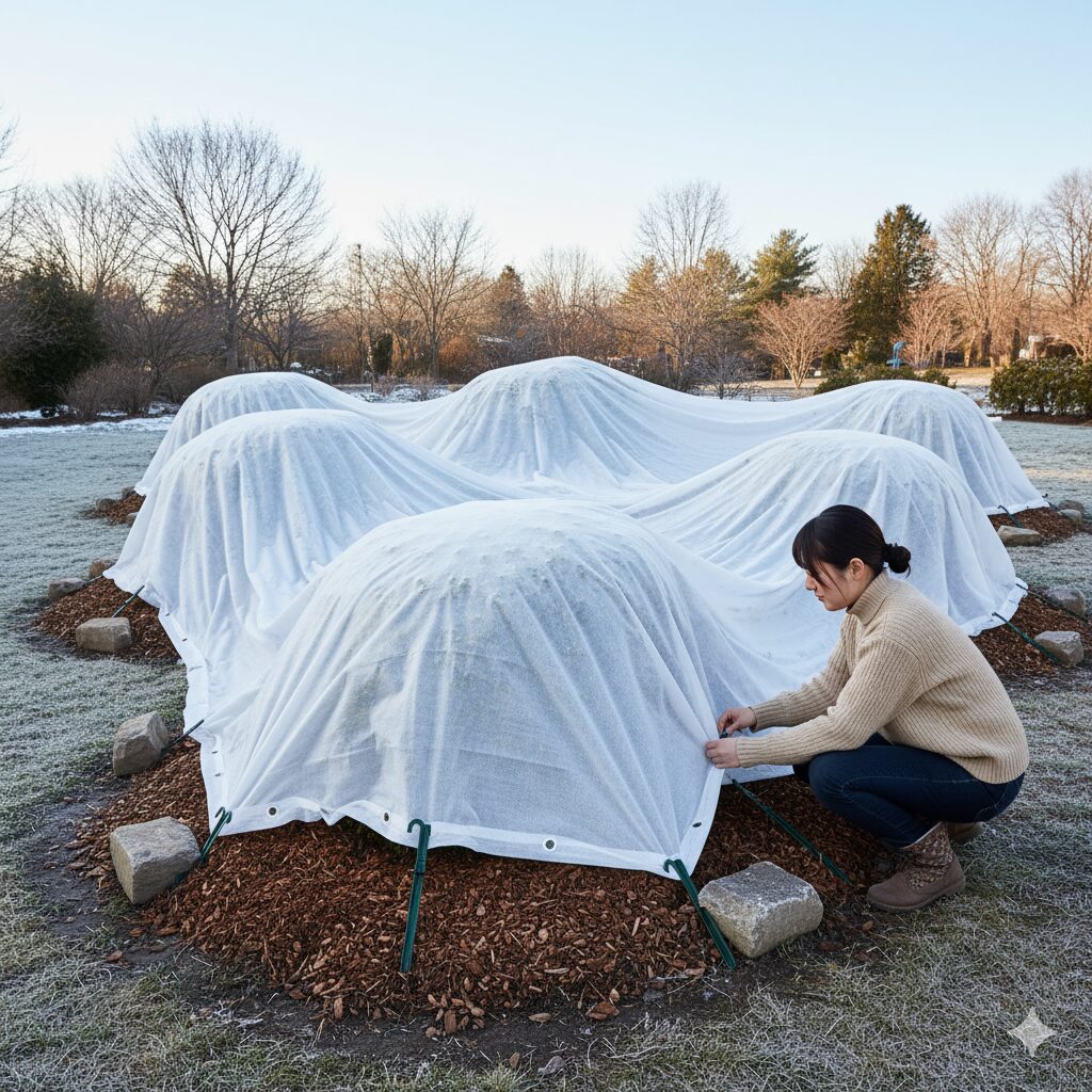 地植えボンザマーガレットの冬越し対策。不織布で株を覆い、霜と寒風から守っている様子。