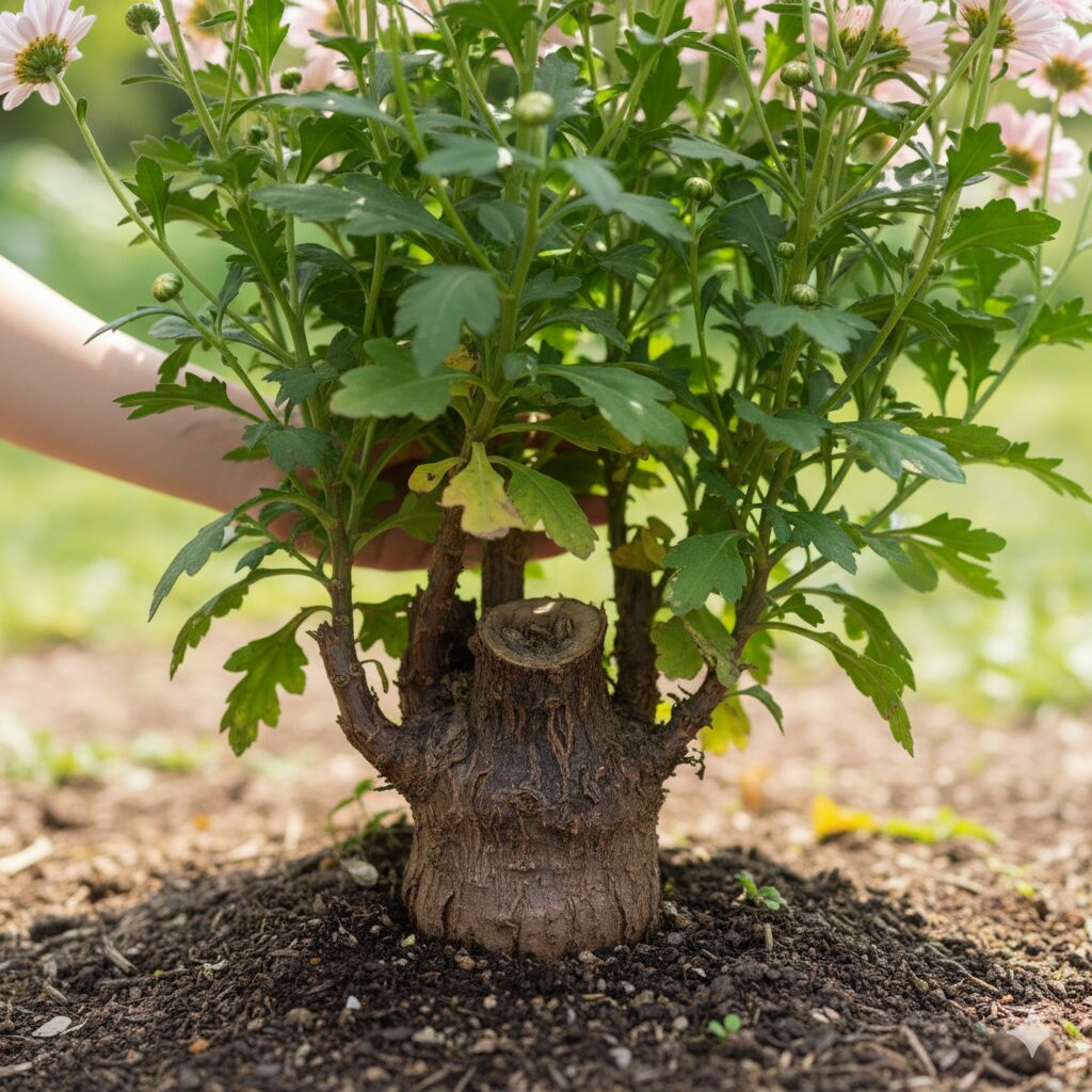 成長して株元の茎が茶色く木質化した地植えのボンザマーガレット。正常な生育状態の様子。