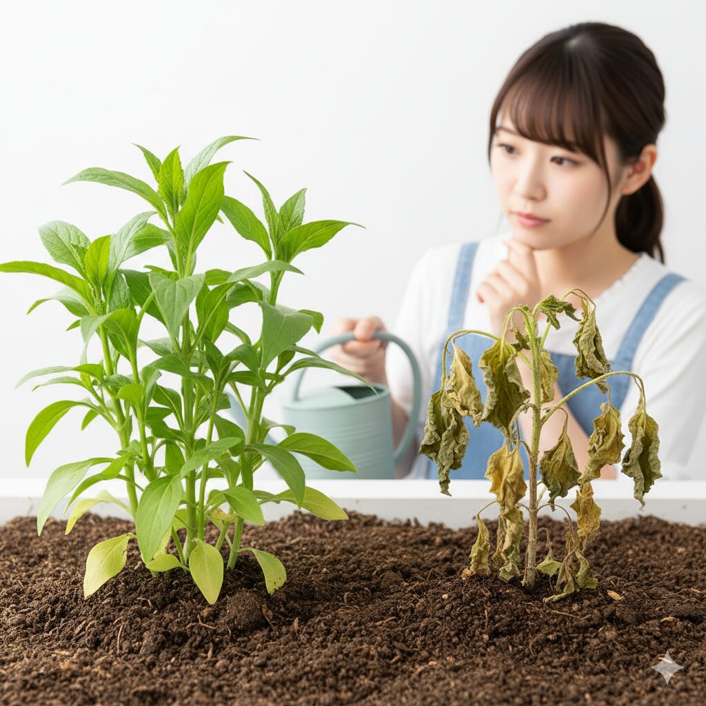 立枯病により青いまま萎れてしまったマーガレットの症状例と、過湿気味の土壌環境。