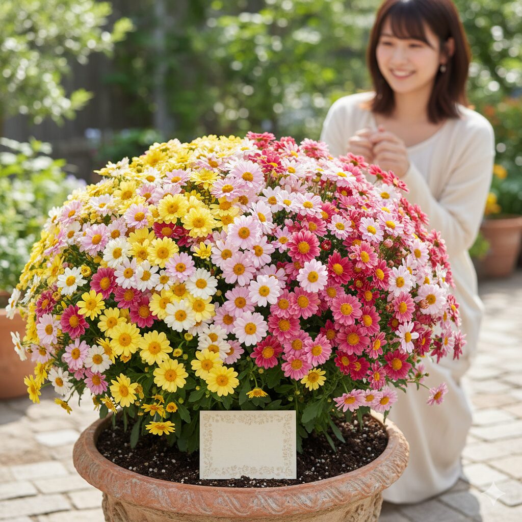 豪華なボンザマーガレットの鉢植えが、数えきれないほどの花を咲かせている様子。メッセージカードが添えられているイメージ。