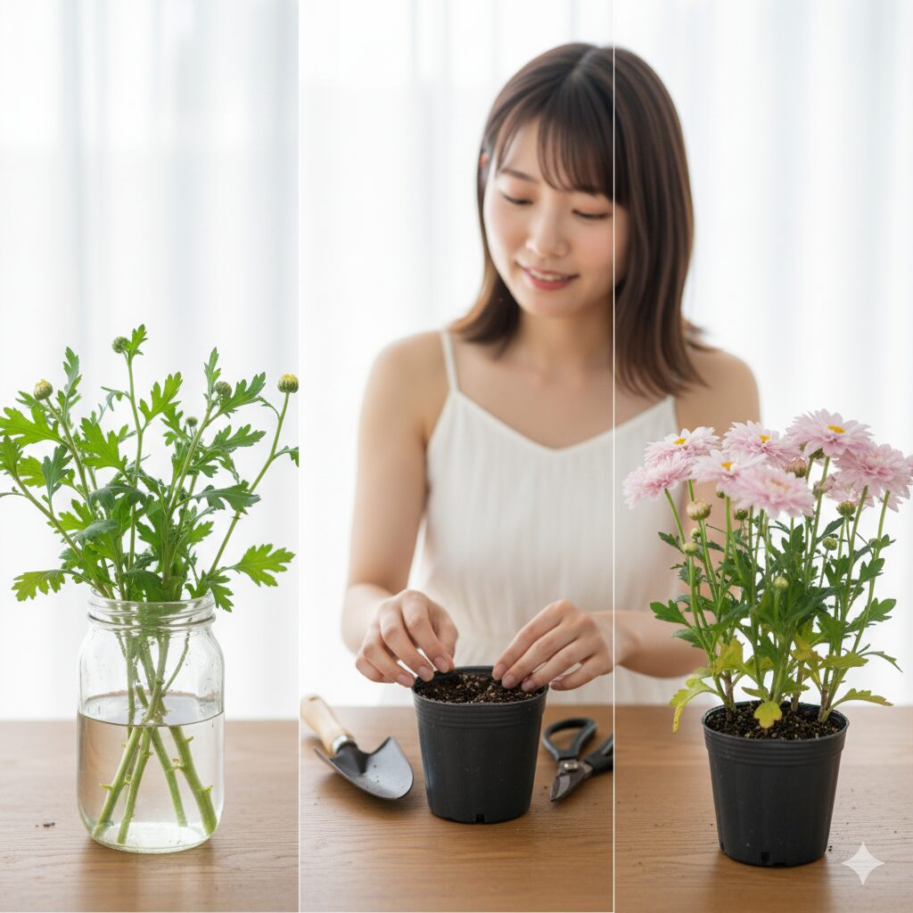 ボンザマーガレットの挿し木作業のステップ