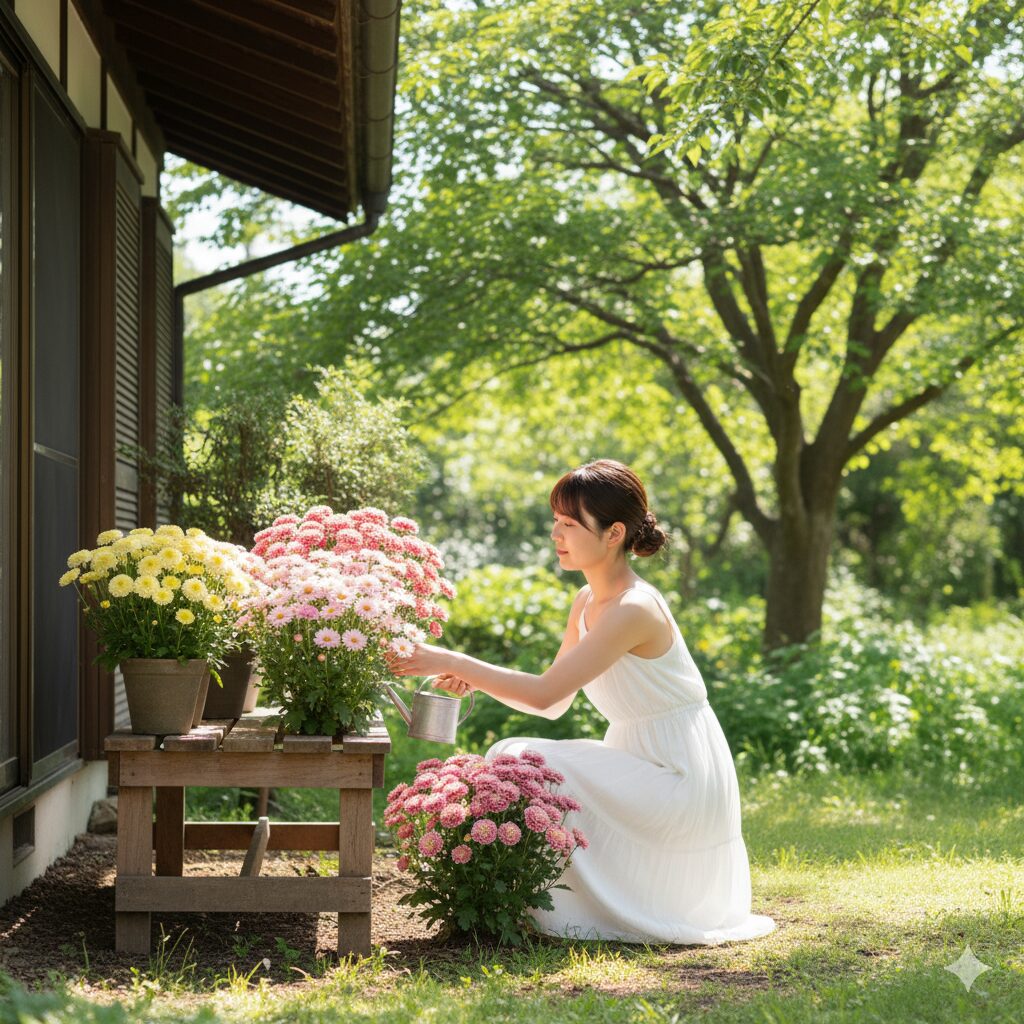 夏の直射日光を避けて軒下で管理されるボンザマーガレット