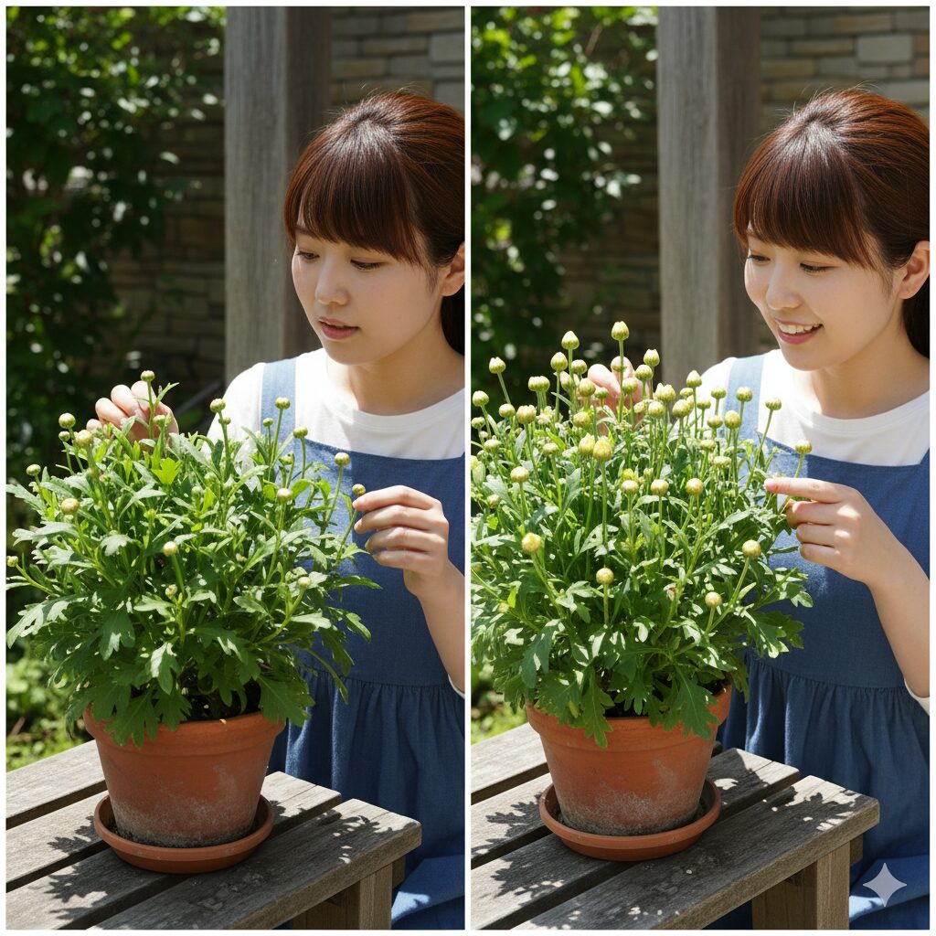 日照不足で蕾が咲かないボンザマーガレットと、日当たりの良い場所で元気な蕾を持つボンザマーガレット