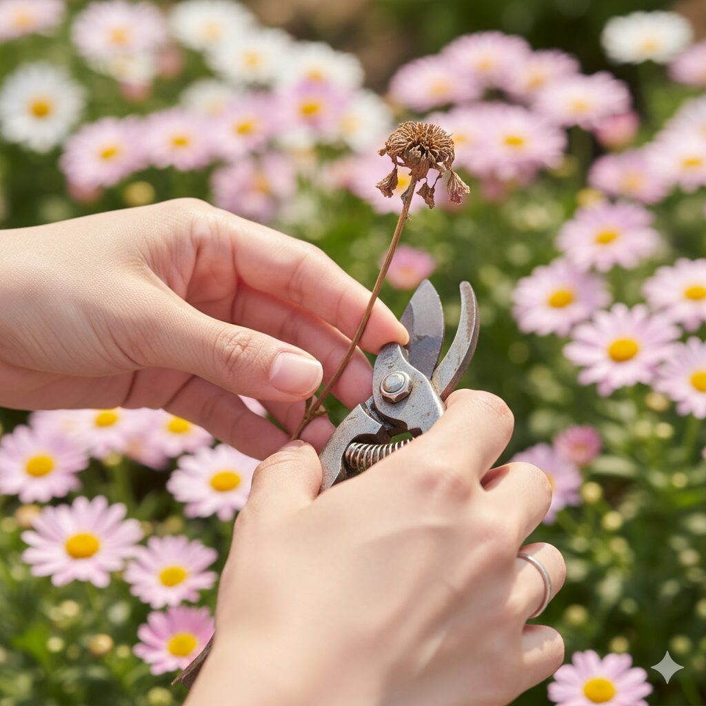 ボンザマーガレットの花殻をハサミで摘み取る手の様子