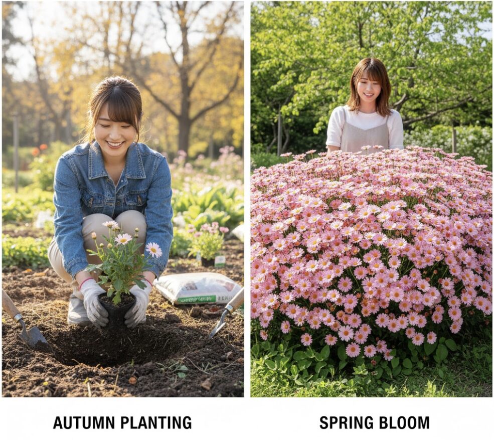 秋に植え付けられたボンザマーガレットの苗と翌春の満開の姿