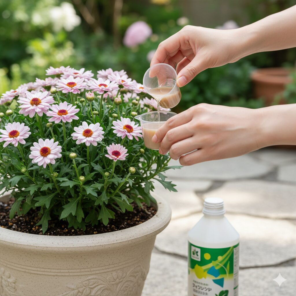 ボンザマーガレットに液体肥料を与えている様子