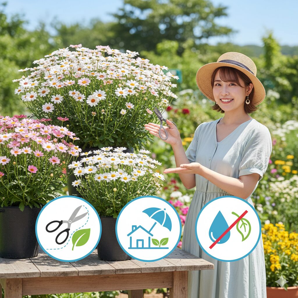 ボンザマーガレット夏越しの3大鉄則(切り戻し・半日陰・水やり控えめ)のアイコン